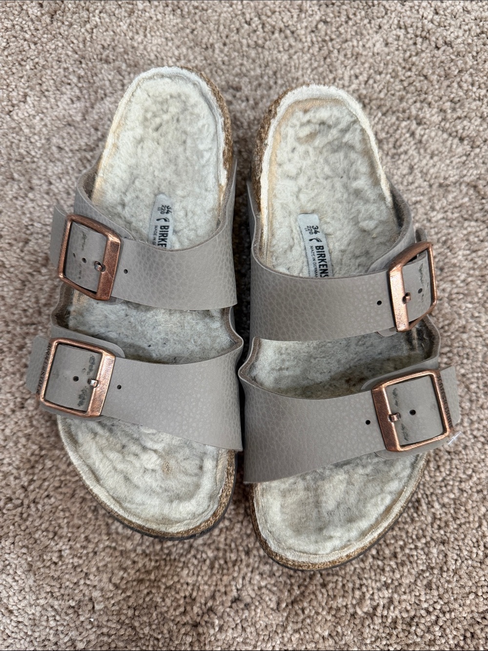 Birkenstock Taupe Double-Buckle Shearling Slide Sandals - Picture 2 of 4